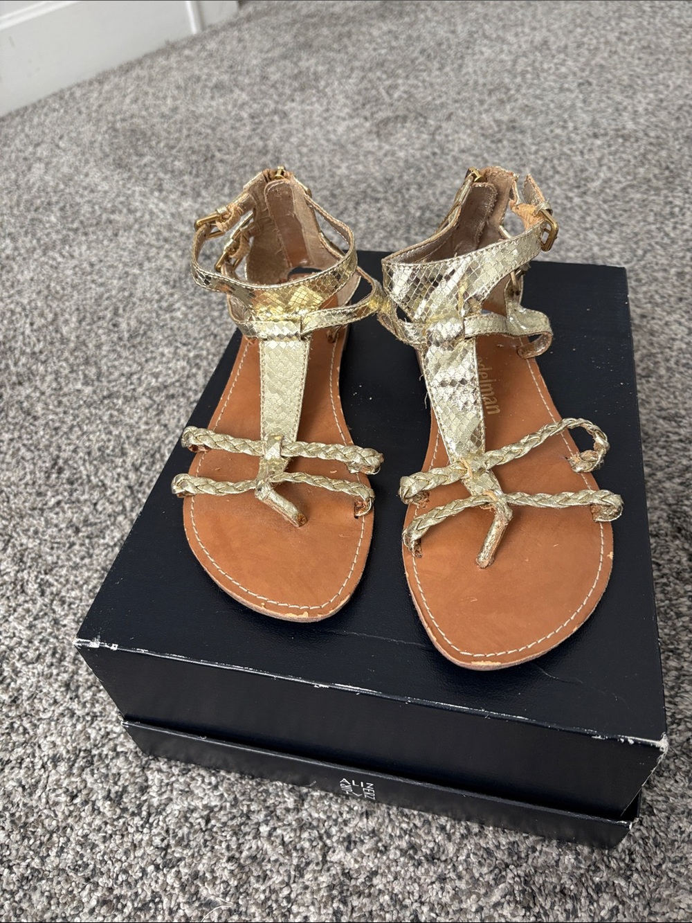 libby. edelman Gold Braided T-Strap Sandals